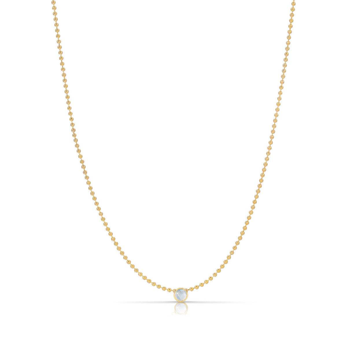 A Single Birthstone Layering Necklace - Yellow Gold in Moonstone - June on a white background.