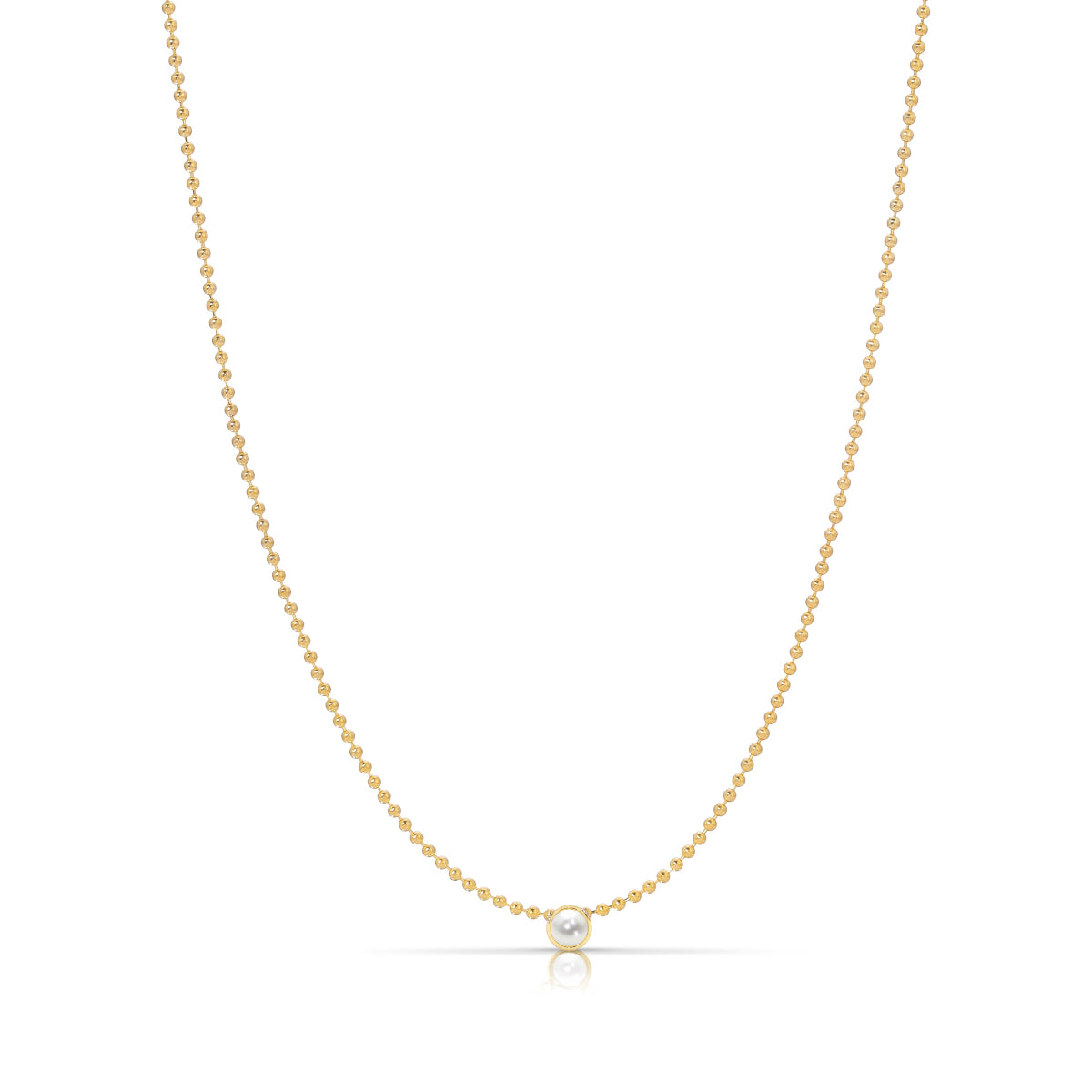 A Single Birthstone Layering Necklace - Yellow Gold in Pearl - June on a white background.