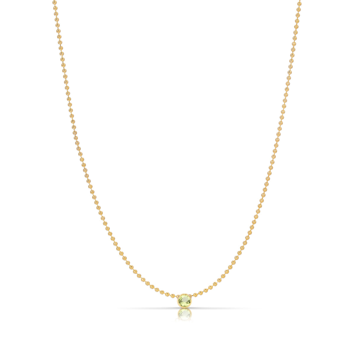 A Single Birthstone Layering Necklace - Yellow Gold in Peridot - August on a white background.