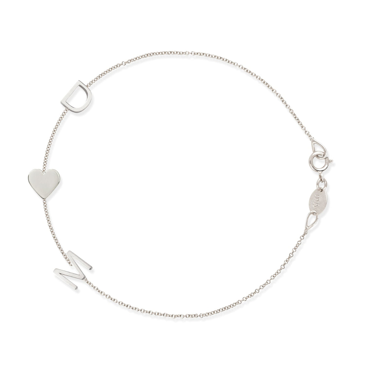 A white gold Custom Gold Bracelet – 3 Letters with the letters D and M and a heart charm, on a white background. 