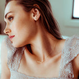 A woman wearing a 14K Gold Letter Threader Earring 'M' and an AMOUR Necklace, both in yellow gold, with a light grey lace top and a blurred background.