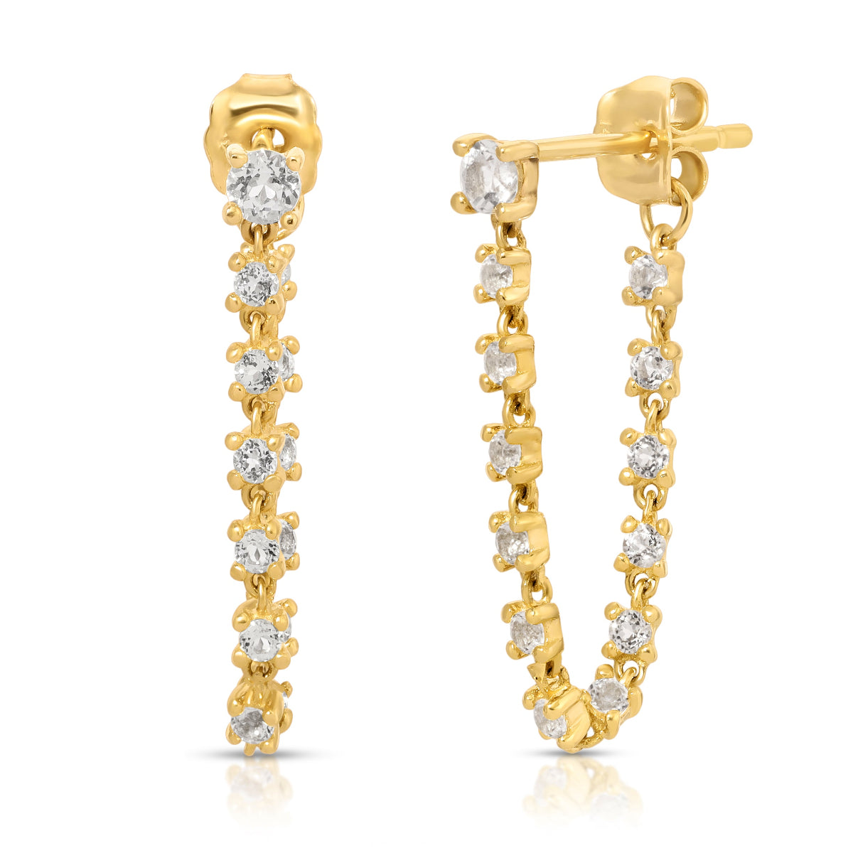 A pair of White Topaz Chain Earrings on a white background. 